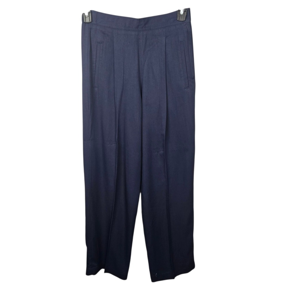 Lizsport Womens Size 4 Navy Blue Rayon Pleated Wide Leg Pants Elastic Waist